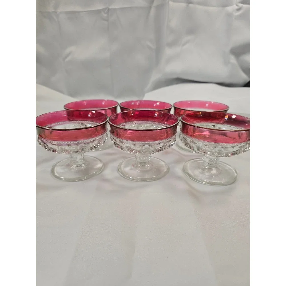Vintage Ruby Flash Thumbprint Glass‎ Dessert Bowls Set of 6 Footed Coupes